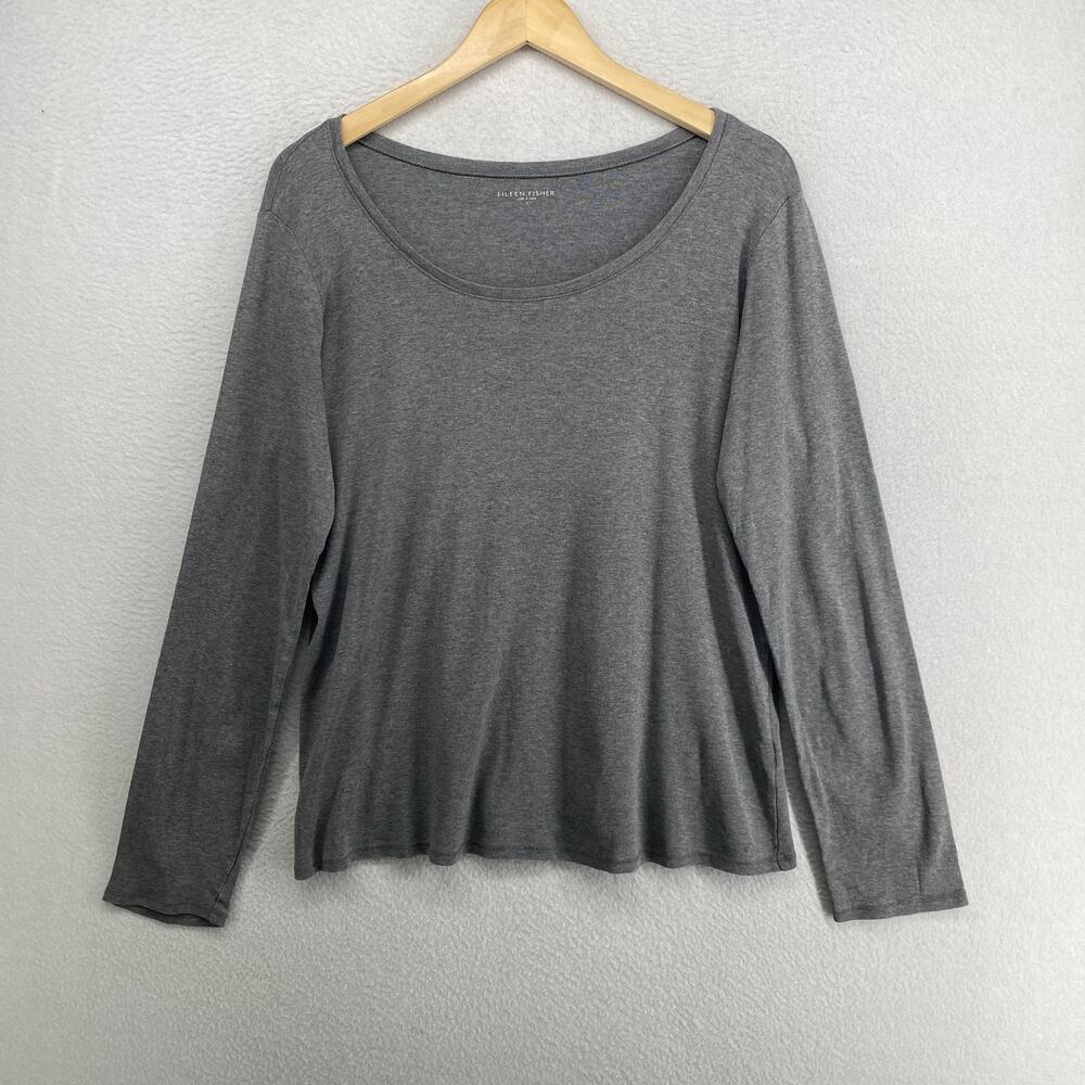 EILEEN FISHER Top L Organic Cotton Ribbed Jersey Scoop Neck Long Sleeve Gray